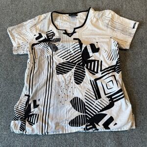 Cherokee Womens Scrub Top Large Black White Abstract Floral Geometric Pockets L